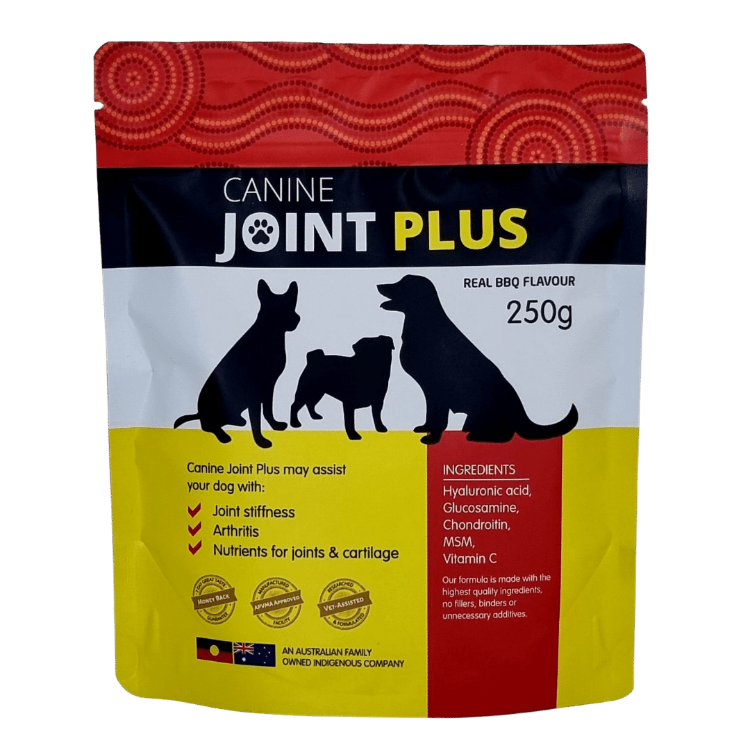 Canine Joint Plus 250g is a premium joint supplement containing five key ingredients: Glucosamine, MSM, Chondroitin, Hyaluronic acid, and Vitamin C.