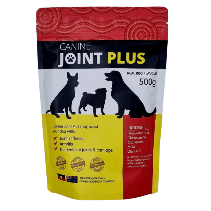 Canine Joint Plus 500g is a premium joint supplement containing five key ingredients:  Glucosamine, MSM, Chondroitin, Hyaluronic acid, and Vitamin C.