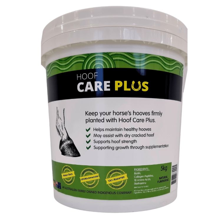 The Hoof Care Plus formula includes biotin 60 milligrams daily, copper, zinc, collagen peptides, and 18 amino acids for healthy hoof growth.
