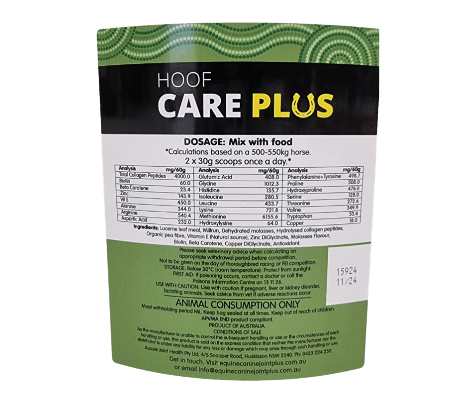 The Hoof Care Plus formula includes biotin 60 milligrams daily, copper, zinc, collagen peptides, and 18 amino acids for healthy hoof growth.